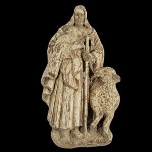 Jesus The Shepherd With Sheep Small Plaque Resin White Weathered 3.5" Figural